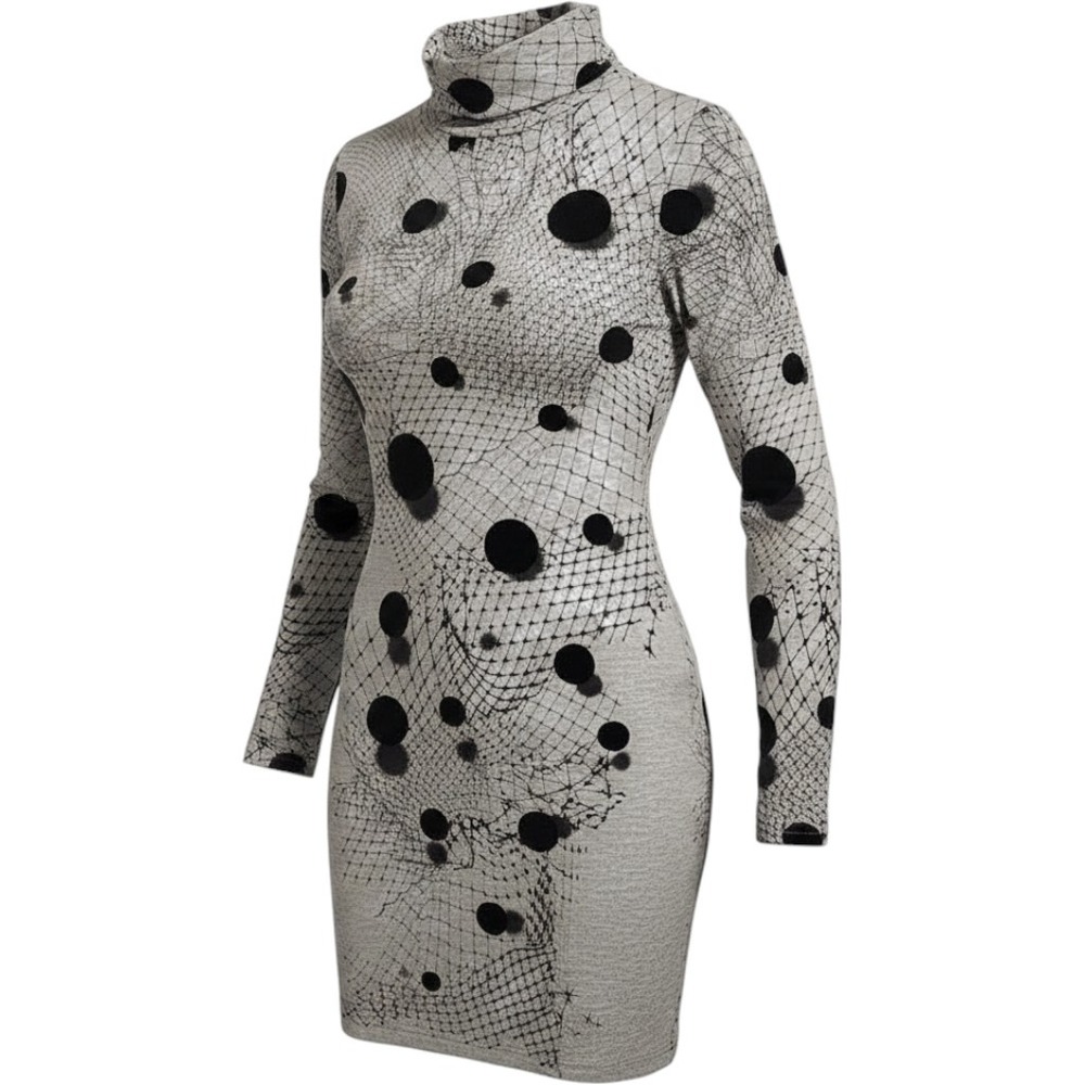 Isabel De Pedro Gray Spider Web Lace Print Cowl FUNNEL Neck Long Sleeve dress s